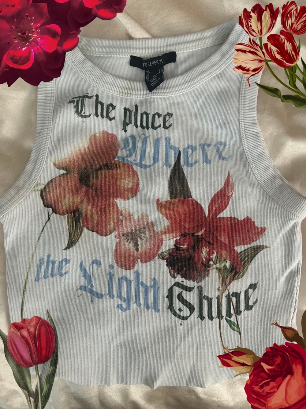 Y2k White Ribbed Floral Graphic Crop Top